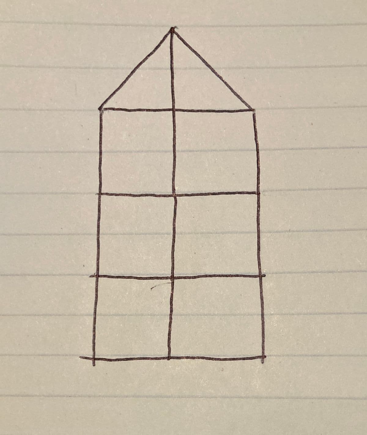 The image depicts a simple geometric drawing resembling a house. It consists of a rectangle divided into six equal squares by two horizontal and one vertical line. On top of the rectangle, there is a triangle forming the roof, with the apex aligned with the central vertical line. This illustration is commonly used in educational settings to teach basic geometry, symmetry, and property recognition of shapes.