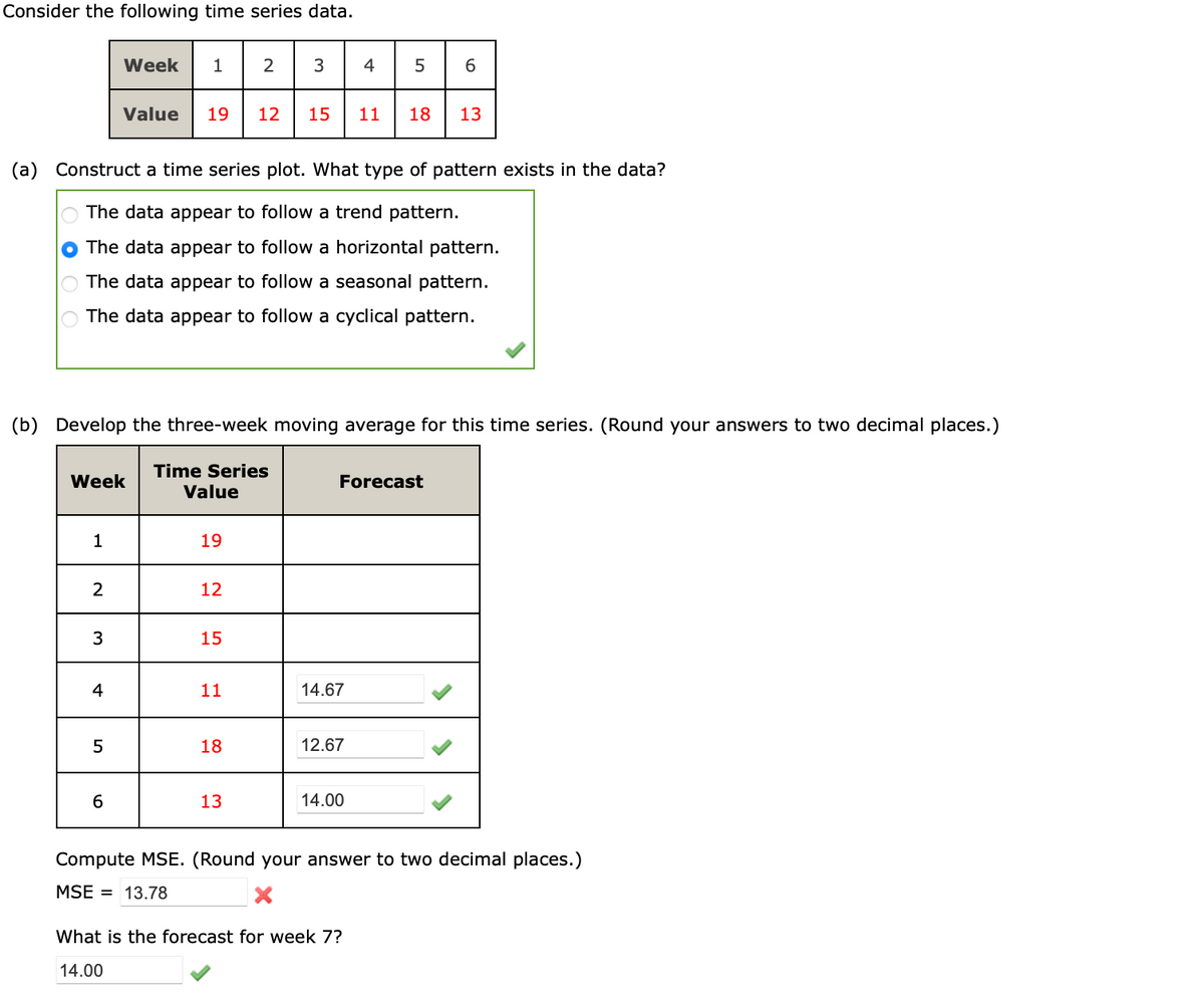 Consider the following time series data.
1|2||
19 12 15 11 18 13
1
Week
2
(a) Construct a time series plot. What type of pattern exists in the data?
The data appear to follow a trend pattern.
The data appear to follow a horizontal pattern.
The data appear to follow a seasonal pattern.
The data appear to follow a cyclical pattern.
3
Week
(b) Develop the three-week moving average for this time series. (Round your answers to two decimal places.)
4
Value
5
6
Time Series
Value
19
12
15
11
3
18
13
14.67
4
Forecast
12.67
5 6
14.00
What is the forecast for week 7?
14.00
Compute MSE. (Round your answer to two decimal places.)
MSE 13.78