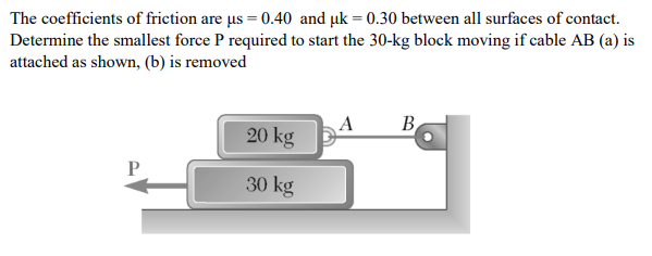 The coefficients of friction are us = 0.40 and µk = 0.30 between all surfaces of contact.
Determine the smallest force P required to start the 30-kg block moving if cable AB (a) is
attached as shown, (b) is removed
B
20 kg
30 kg
