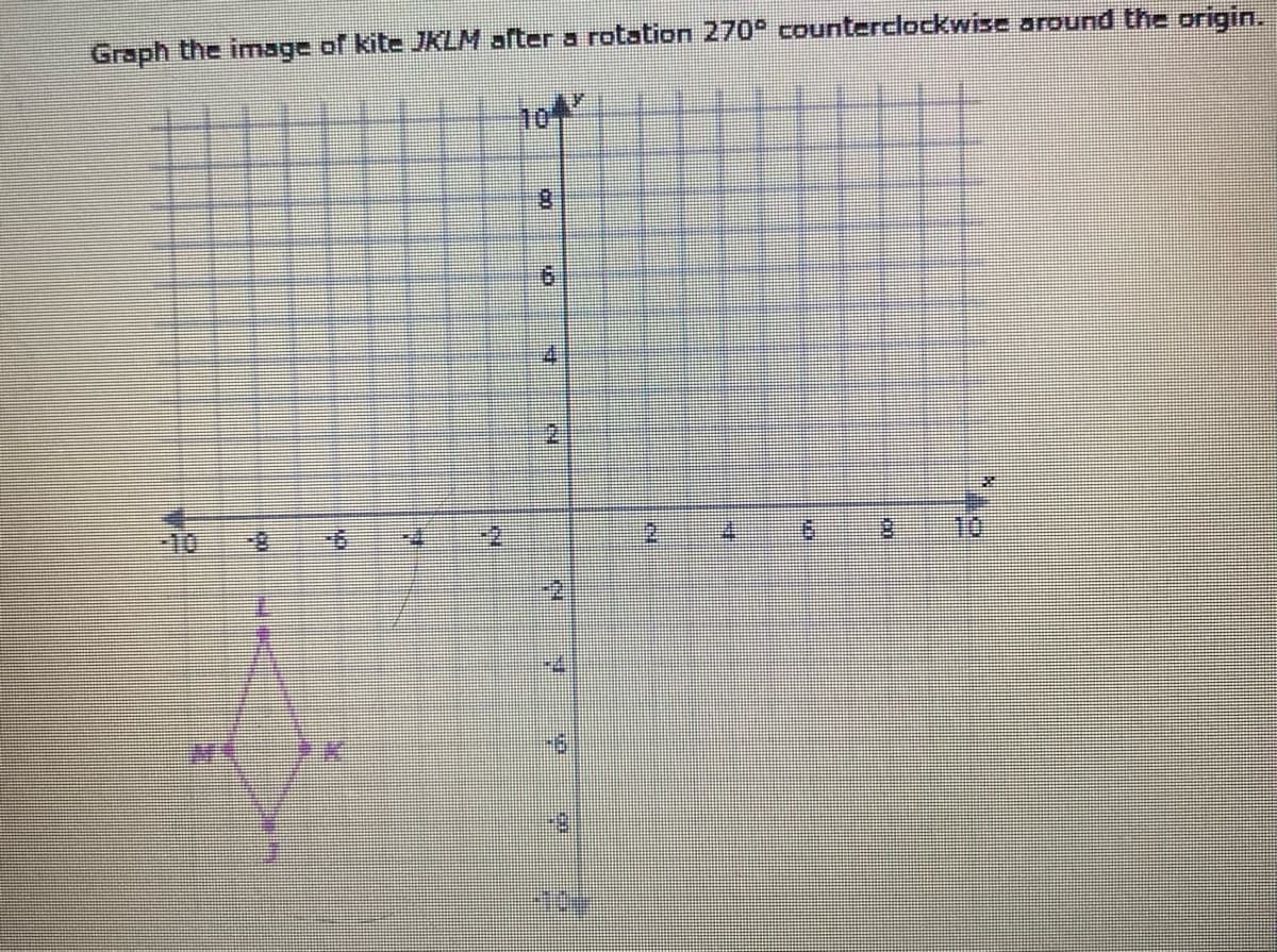 Graph the image of kite JKLM after a rotation 270° counterclockwise around the origin.
104
8.
-10
