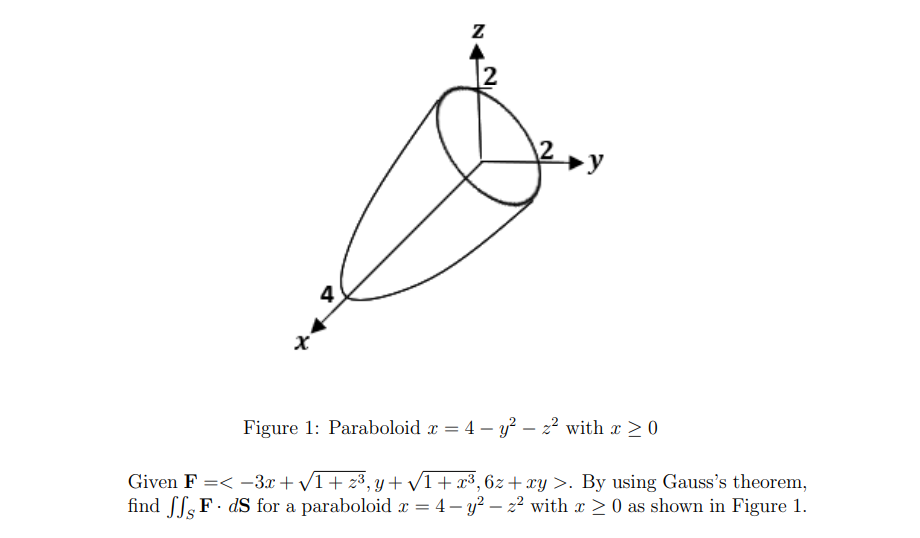 Z
2
X
Figure 1: Paraboloid x = 4 - y² - ² with x > 0
Given F =< -3x+√√1 + z³, y+√1 + x³,6z+xy >. By using Gauss's theorem,
find F. ds for a paraboloid x = 4 - y² − z² with x ≥ 0 as shown in Figure 1.
4