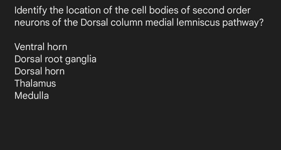 Identify the location of the cell bodies of second order
neurons of the Dorsal column medial lemniscus pathway?
Ventral horn
Dorsal root ganglia
Dorsal horn
Thalamus
Medulla
