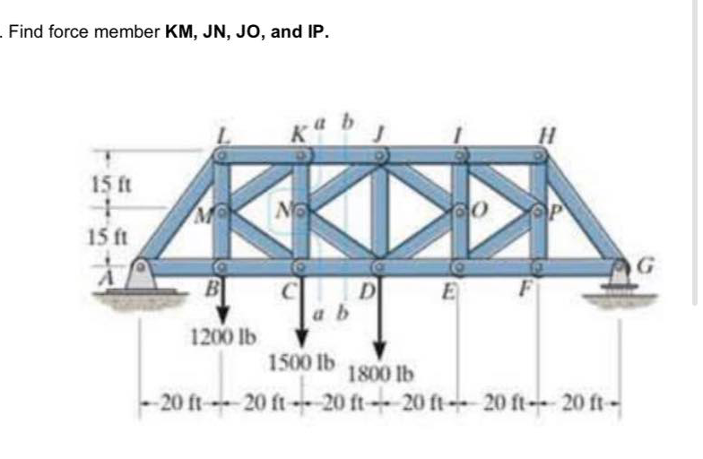 .Find force member KM, JN, JO, and IP.
15 ft
M
NO
15 ft
B
D
ab
E F
1200 lb
1500 lb
1800 lb
- 20 ft- 20 ft- 20 ft+20 ft- 20 ft-- 20 ft-
