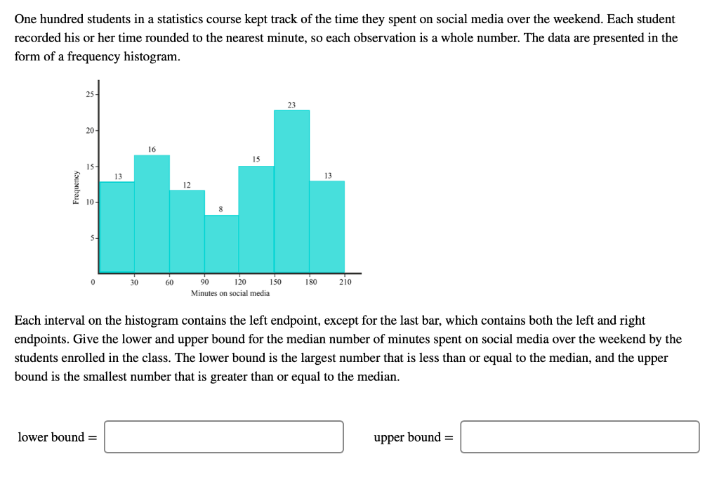 One hundred students in a statistics course kept track of the time they spent on social media over the weekend. Each student
recorded his or her time rounded to the nearest minute, so each observation is a whole number. The data are presented in the
form of a frequency histogram.
Frequency
25-
20-
15-
10-
5-
0
13
lower bound =
30
16
60
12
15
90
120
Minutes on social media
150
23
180
13
210
Each interval on the histogram contains the left endpoint, except for the last bar, which contains both the left and right
endpoints. Give the lower and upper bound for the median number of minutes spent on social media over the weekend by the
students enrolled in the class. The lower bound is the largest number that is less than or equal to the median, and the upper
bound is the smallest number that is greater than or equal to the median.
upper bound =