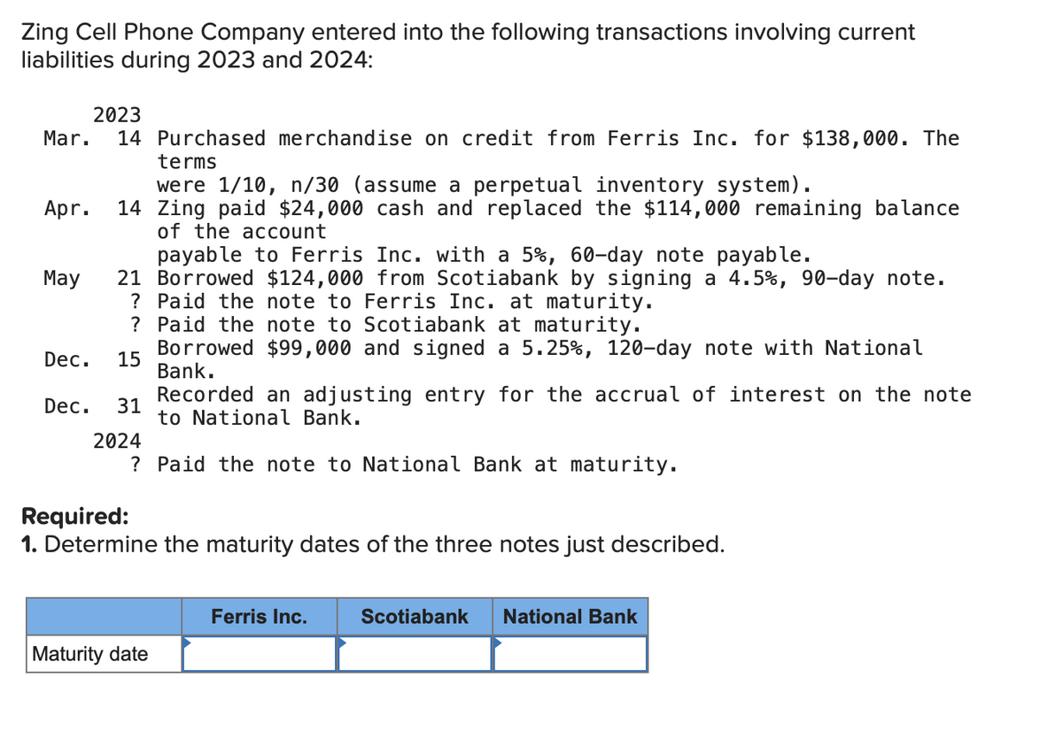 Zing Cell Phone Company entered into the following transactions involving current
liabilities during 2023 and 2024:
2023
Mar. 14 Purchased merchandise on credit from Ferris Inc. for $138,000. The
terms
were 1/10, n/30 (assume a perpetual inventory system).
Apr. 14 Zing paid $24,000 cash and replaced the $114,000 remaining balance
of the account
payable to Ferris Inc. with a 5%, 60-day note payable.
21 Borrowed $124,000 from Scotiabank by signing a 4.5%, 90-day note.
? Paid the note to Ferris Inc. at maturity.
?
Paid the note to Scotiabank at maturity.
Dec. 15
Borrowed $99,000 and signed a 5.25%, 120-day note with National
Bank.
Recorded an adjusting entry for the accrual of interest on the note
to National Bank.
May
Dec. 31
2024
? Paid the note to National Bank at maturity.
Required:
1. Determine the maturity dates of the three notes just described.
Maturity date
Ferris Inc.
Scotiabank National Bank