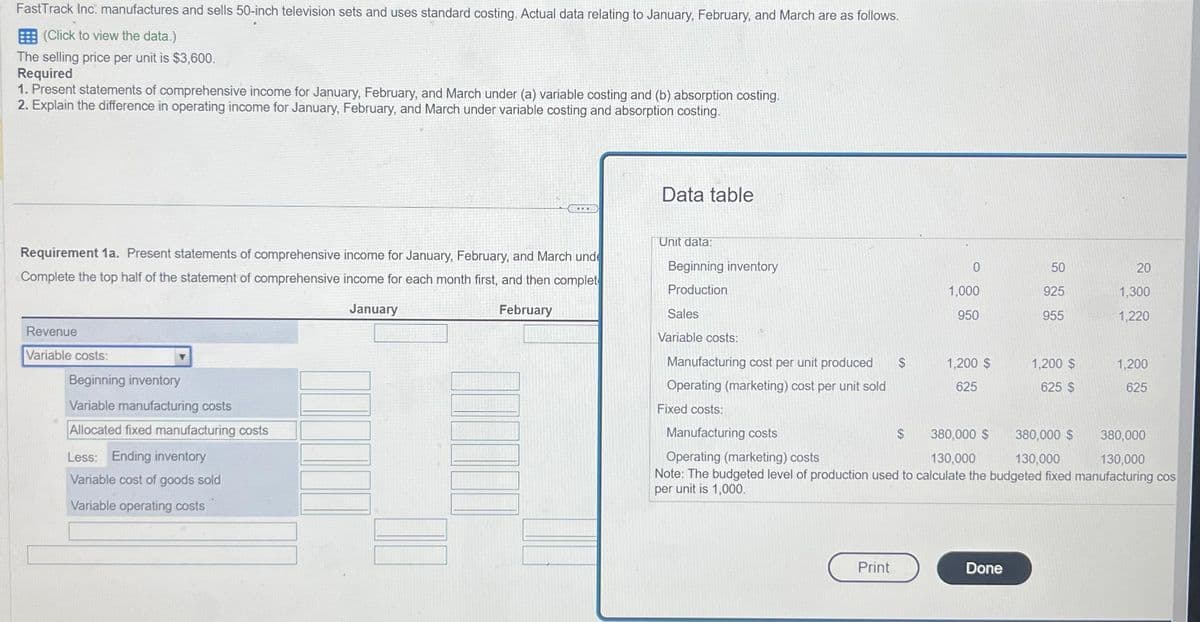 FastTrack Inc. manufactures and sells 50-inch television sets and uses standard costing. Actual data relating to January, February, and March are as follows.
(Click to view the data.)
The selling price per unit is $3,600.
Required
1. Present statements of comprehensive income for January, February, and March under (a) variable costing and (b) absorption costing.
2. Explain the difference in operating income for January, February, and March under variable costing and absorption costing.
Requirement 1a. Present statements of comprehensive income for January, February, and March unde
Complete the top half of the statement of comprehensive income for each month first, and then complet
January
February
Revenue
Variable costs:
Beginning inventory
Variable manufacturing costs
Allocated fixed manufacturing costs
Less: Ending inventory
Variable cost of goods sold
Variable operating costs
Data table
Unit data:
Beginning inventory
Production
Sales
Variable costs:
Print
$
0
1,000
950
Manufacturing cost per unit produced
Operating (marketing) cost per unit sold
Fixed costs:
Manufacturing costs
380,000
380,000 $
130,000
380,000 $
130,000
Operating (marketing) costs
130,000
Note: The budgeted level of production used to calculate the budgeted fixed manufacturing cos
per unit is 1,000.
$
1,200 $
625
50
925
955
Done
20
1,300
1,220
1,200 $
625 $
1,200
625