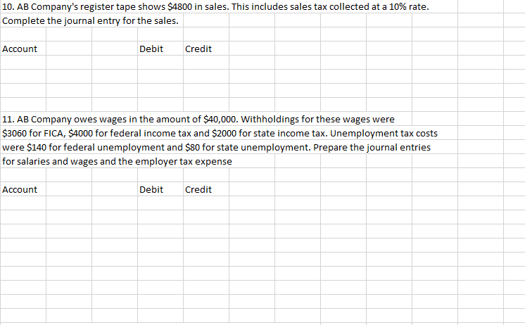 10. AB Company's register tape shows $4800 in sales. This includes sales tax collected at a 10% rate.
Complete the journal entry for the sales.
Account
Debit
Credit
11. AB Company owes wages in the amount of $40,000. Withholdings for these wages were
$3060 for FICA, $4000 for federal income tax and $2000 for state income tax. Unemployment tax costs
were $140 for federal unemployment and $80 for state unemployment. Prepare the journal entries
for salaries and wages and the employer tax expense
Account
Debit
Credit
