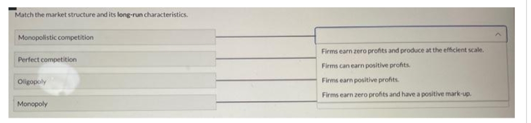 Match the market structure and its long-run characteristics.
Monopolistic competition
Perfect competition
Oligopoly
Monopoly
Firms earn zero profits and produce at the efficient scale.
Firms can earn positive profits.
Firms earn positive profits.
Firms earn zero profits and have a positive mark-up.