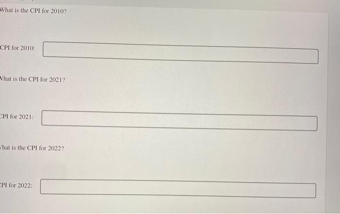 What is the CPI for 2010?
CPI for 2010:
What is the CPI for 2021?
CPI for 2021:
What is the CPI for 2022?
CPI for 2022: