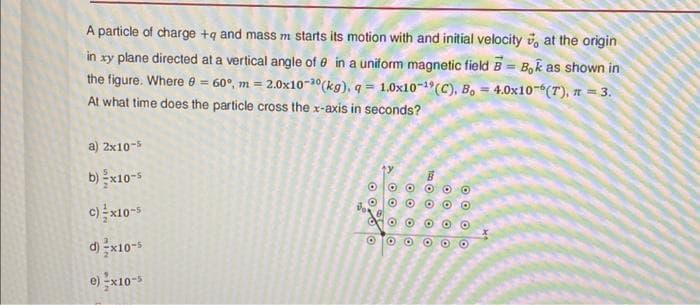 A particle of charge +q and mass m starts its motion with and initial velocity at the origin
in xy plane directed at a vertical angle of 8 in a uniform magnetic field B = Bok as shown in
the figure. Where 8 = 60°, m= 2.0x10-30 (kg), q= 1.0x10-¹9 (C), Bo = 4.0x10-6(7), n = 3.
At what time does the particle cross the x-axis in
seconds?
a) 2x10-5
b) x10-5
c) x10-5
d) x10-$
e) -x10-5
OO.
ooolo
OOOO
Oooo
OOOO
OOOO