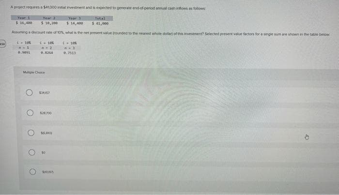 SO
A project requires a $41,000 initial investment and is expected to generate end-of-period annual cash inflows as follows:
Year 1
Year 3
Total
Year 2
$ 10,200
$ 16,400
$ 14,400
$ 41,000
Assuming a discount rate of 10%, what is the net present value (rounded to the nearest whole dollar) of this investment? Selected present value factors for a single sum are shown in the table below
- 10%
2
i-10%
n=1
0.9091 0.8264
Multiple Choice
O
O
O
$34357
$28.700
$6,843
10
(105
n=3
0.7513