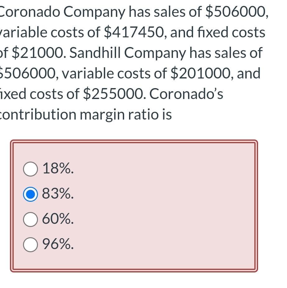 Coronado Company has sales of $506000,
variable costs of $417450, and fixed costs
of $21000. Sandhill Company has sales of
$506000, variable costs of $201000, and
ixed costs of $255000. Coronado's
contribution margin ratio is
O 18%.
83%.
O 60%.
O 96%.