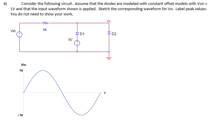 4)
Consider the following circuit. Assume that the diodes are modeled with constant offset models with Von =
1V and that the input waveform shown is applied. Sketch the corresponding waveform for Vo. Label peak values.
You do not need to show your work.
Vin
Vin
10
-10
1K
5V
D1
Vo
D2