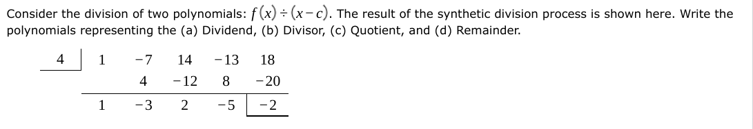 Consider the division of two polynomials: f (x) ÷ (x- c). The result of the synthetic division process is shown here. Write the
polynomials representing the (a) Dividend, (b) Divisor, (c) Quotient, and (d) Remainder.
4
1
-7
14
- 13
18
4
-12
8
- 20
1
-3
2
-5
-2
