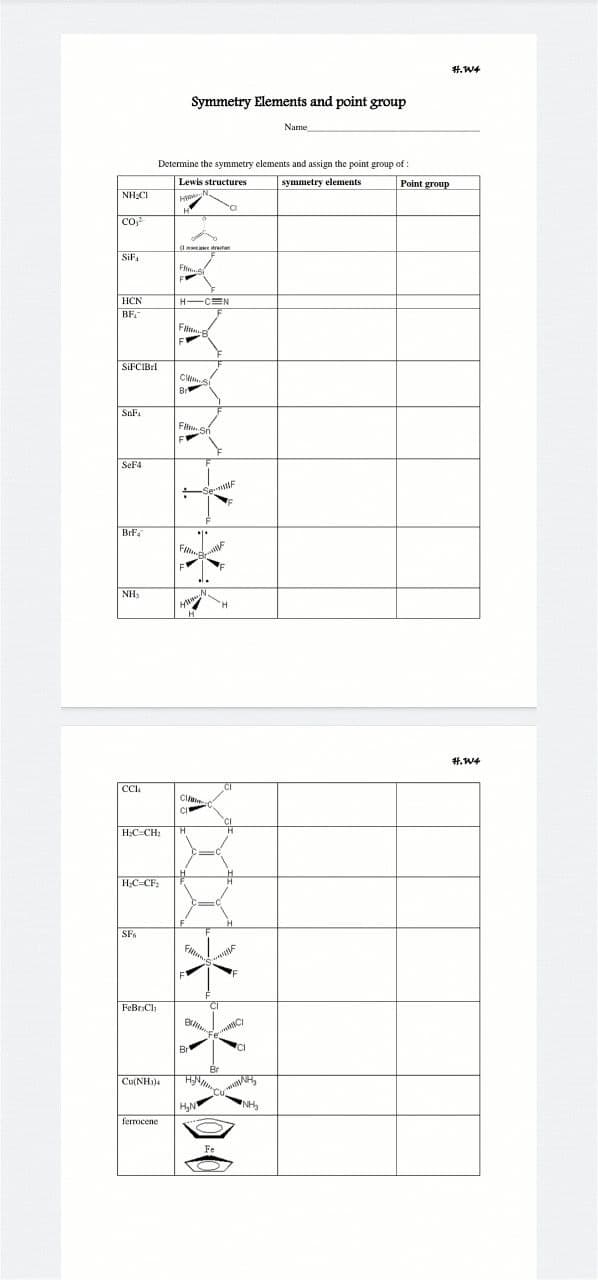 升,W4
Symmetry Elements and point group
Narme
Determine the symmetry elements and assign the point group of:
Lewis structures
symmetry elements
Point group
NH:CI
Co
I Ne rita
SiF,
Fl..
HCN
H-CEN
BF.
SIFCIBII
Cls
Br
SnF.
Fi Sn
SeF4
BrFa
Fit
..
NH
#.W4
CI.
CI
Cllue
H:C=CH:
H;C-CF:
SF.
FeBrCh
CI
etCy
Br
Cu(NH))4
HyN
NH
ferrocene
