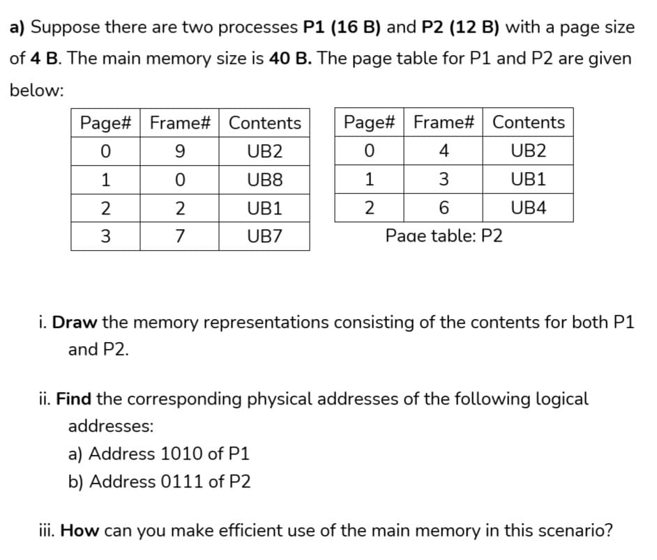 a) Suppose there are two processes P1 (16 B) and P2 (12 B) with a page size
of 4 B. The main memory size is 40 B. The page table for P1 and P2 are given
below:
Page#
0
1
2
3
Frame#
9
0
2
7
Contents
UB2
UB8
UB1
UB7
Page#
0
1
2
Frame#
4
3
6
Page table: P2
Contents
UB2
UB1
UB4
a) Address 1010 of P1
b) Address 0111 of P2
i.
raw the memory representations consisting of the contents for both P1
and P2.
ii. Find the corresponding physical addresses of the following logical
addresses:
iii. How can you make efficient use of the main memory in this scenario?