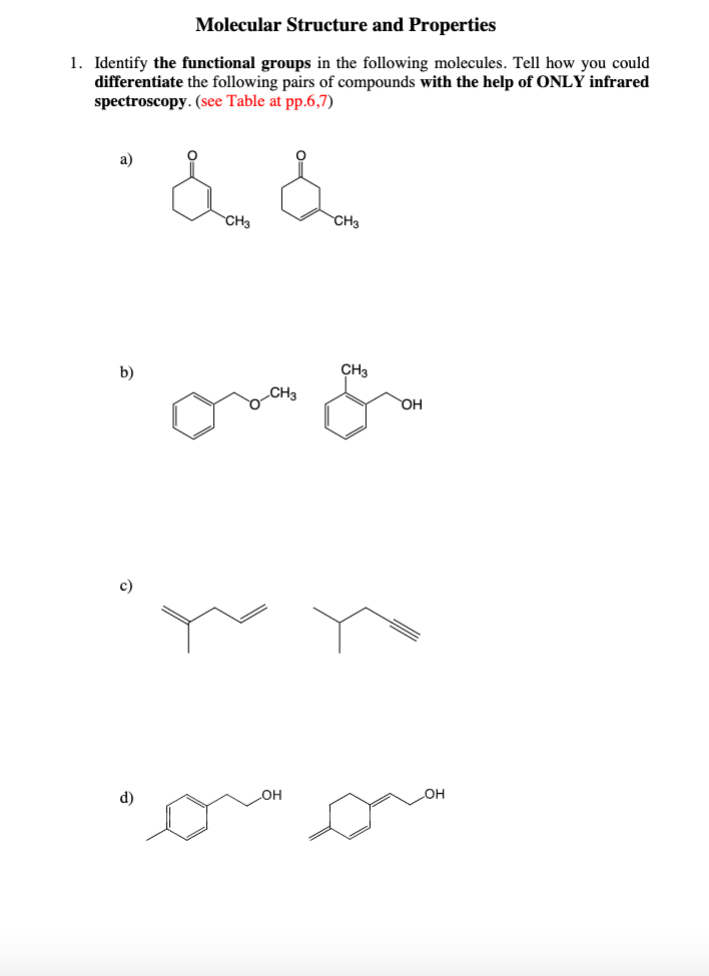 Molecular Structure and Properties
1. Identify the functional groups in the following molecules. Tell how you could
differentiate the following pairs of compounds with the help of ONLY infrared
spectroscopy. (see Table at pp.6,7)
a)
´d d
CH3
b)
c)
d)
CH3
CH3
om &
CH3
OH
OH
OH