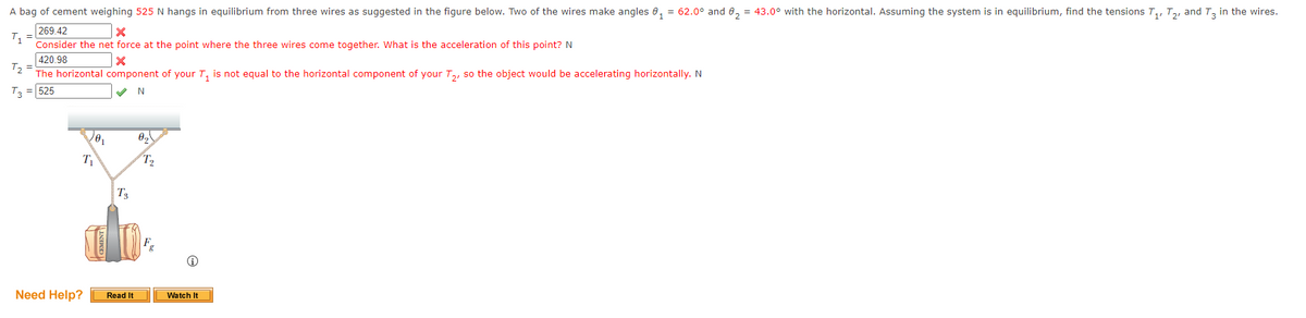 A bag of cement weighing 525 N hangs in equilibrium from three wires as suggested in the figure below. Two of the wires make angles 0, = 62.0° and 0, = 43.0° with the horizontal. Assuming the system is in equilibrium, find the tensions T,, T,, and T, in the wires.
269.42
T =
Consider the net force at the point where the three wires come together. What is the acceleration of this point? N
420.98
Ta =
The horizontal component of your T, is not equal to the horizontal component of your T,, so the object would be accelerating horizontally. N
T3
525
N
T
T2
T3
Need Help?
Watch It
Read It
