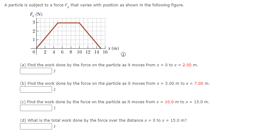 A particle is subject to a force F, that varies with position as shown in the following figure.
F, (N)
3
1
x (m)
2 4 6 8 10 12 14 16'
(a) Find the work done by the force on the particle as it moves from x = 0 to x = 2.00 m.
(b) Find the work done by the force on the particle as it moves from x = 5.00 m to x = 7.00 m.
(c) Find the work done by the force on the particle as it moves from x = 10.0 m to x = 15.0 m.
(d) What is the total work done by the force over the distance x = 0 to x = 15.0 m?
