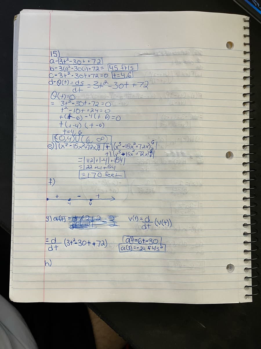 15
a-13+²-30+ +721
b-30²-30(1)+ 72= 145 fIS
C-3+h-30t+72=0 H=4,6
d-o(H) = ds - 3 30t +72
dt
= 3+*-30t +72=0 T)
だ-10++24=0
+(チ-6)-9(は-6)=0
t(4-4) (+-6)
KOYUG
ニ12 +C+Sy
E170 feet
v(t) = d_
dt
Ed (330++7a)
dt
la(2)=-24ft/s
