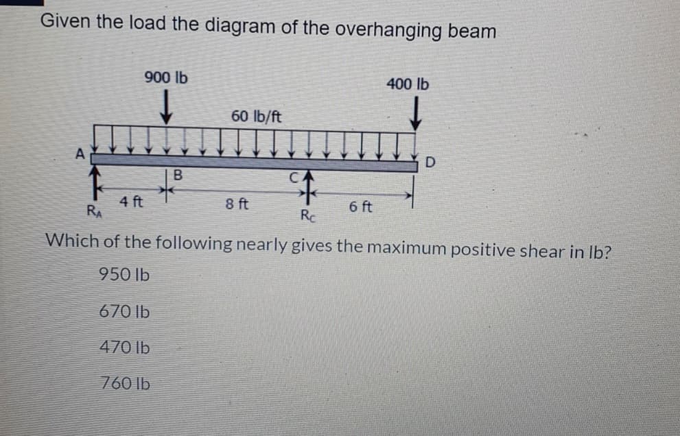 Given the load the diagram of the overhanging beam
900 lb
400 lb
60 lb/ft
А
4 ft
RA
8 ft
6 ft
Rc
Which of the following nearly gives the maximum positive shear in Ib?
950 lb
670 |b
470 lb
760 lb
