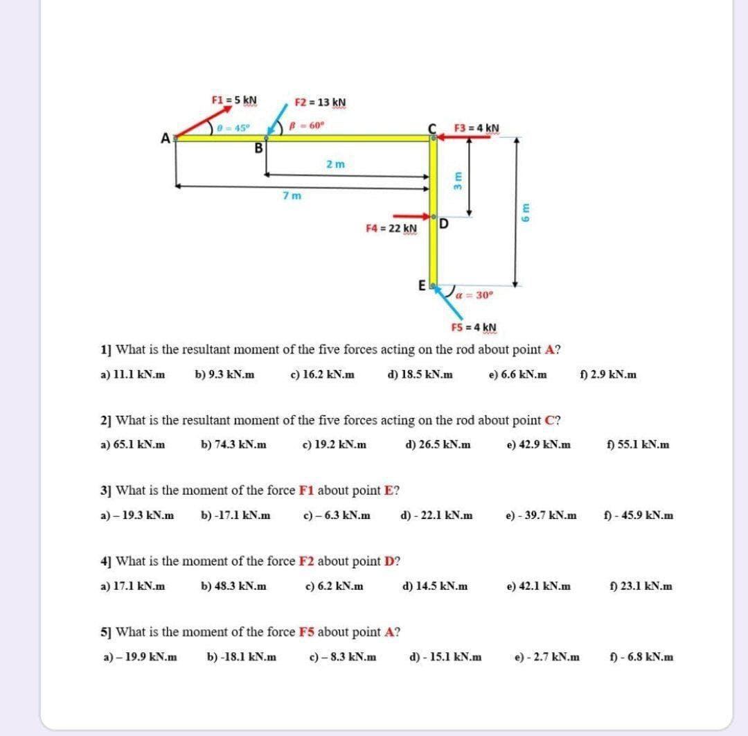 F1 = 5 kN
F2 = 13 kN
e45°
B - 60°
F3 = 4 kN
A
2 m
7 m
F4 = 22 kN
E
a = 30°
FS = 4 kN
1] What is the resultant moment of the five forces acting on the rod about point A?
a) 11.1 kN.m
b) 9.3 kN.m
c) 16.2 kN.m
d) 18.5 kN.m
e) 6.6 kN.m
f) 2.9 kN.m
2] What is the resultant moment of the five forces acting on the rod about point C?
a) 65.1 kN.m
b) 74.3 kN.m
c) 19.2 kN.m
d) 26.5 kN.m
e) 42.9 kN.m
f) 55.1 kN.m
3] What is the moment of the force F1 about point E?
а) - 19.3 kN.m
b) -17.1 kN.m
с)- 6.3 kN.m
d) - 22.1 kN.m
e) - 39.7 kN.m
f) - 45.9 kN.m
4] What is the moment of the force F2 about point D?
a) 17.1 kN.m
b) 48.3 kN.m
c) 6.2 kN.m
d) 14.5 kN.m
e) 42.1 kN.m
f) 23.1 kN.m
5] What is the moment of the force F5 about point A?
а) - 19.9 kN.mm
b) -18.1 kN.m
c) - 8.3 kN.m
d) - 15.1 kN.m
e) - 2.7 kN.m
f) - 6.8 kN.m
