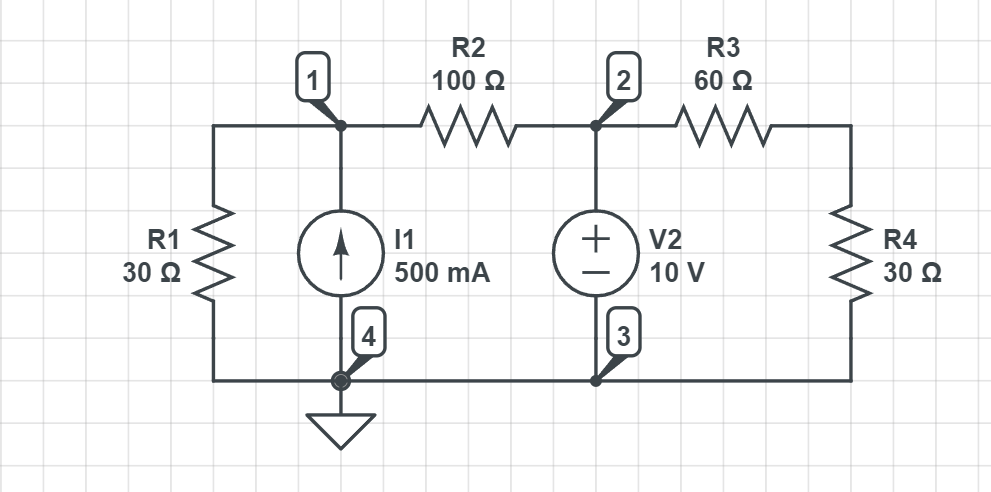 R2
R3
1
100 2
2
60 Ω
R1
11
+
V2
R4
30 Q
500 mA
10 V
30 2
