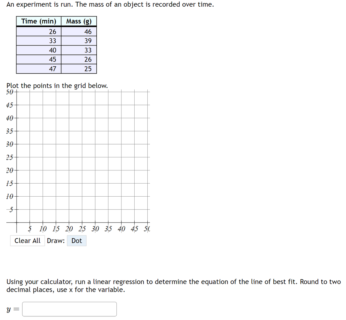 An experiment is run. The mass of an object is recorded over time.
Time (min)
Mass (g)
26
46
33
39
40
45
47
Plot the points in the grid below.
50+
45
40
35
30
25
20
15
10
5
33
26
25
Clear All Draw: Dot
5 10 15 20 25 30 35 40 45 50
y =
Using your calculator, run a linear regression to determine the equation of the line of best fit. Round to two
decimal places, use x for the variable.