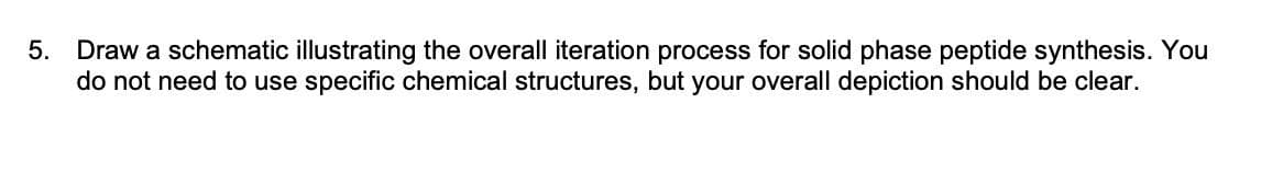 5. Draw a schematic illustrating the overall iteration process for solid phase peptide synthesis. You
do not need to use specific chemical structures, but your overall depiction should be clear.