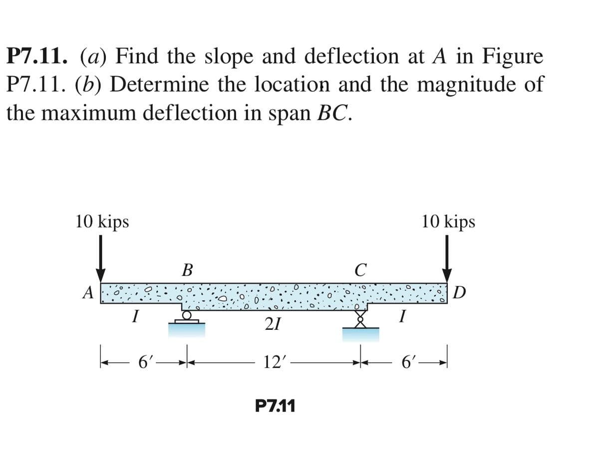 P7.11. (a) Find the slope and deflection at A in Figure
P7.11. (b) Determine the location and the magnitude of
the maximum deflection in span BC.
10 kips
A
484
I
| 6'.
B
21
12'
P7.11
C
10 kips
6'-
D