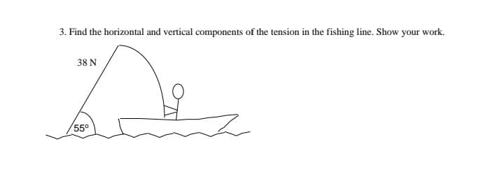 3. Find the horizontal and vertical components of the tension in the fishing line. Show your work.
38 N
55°
