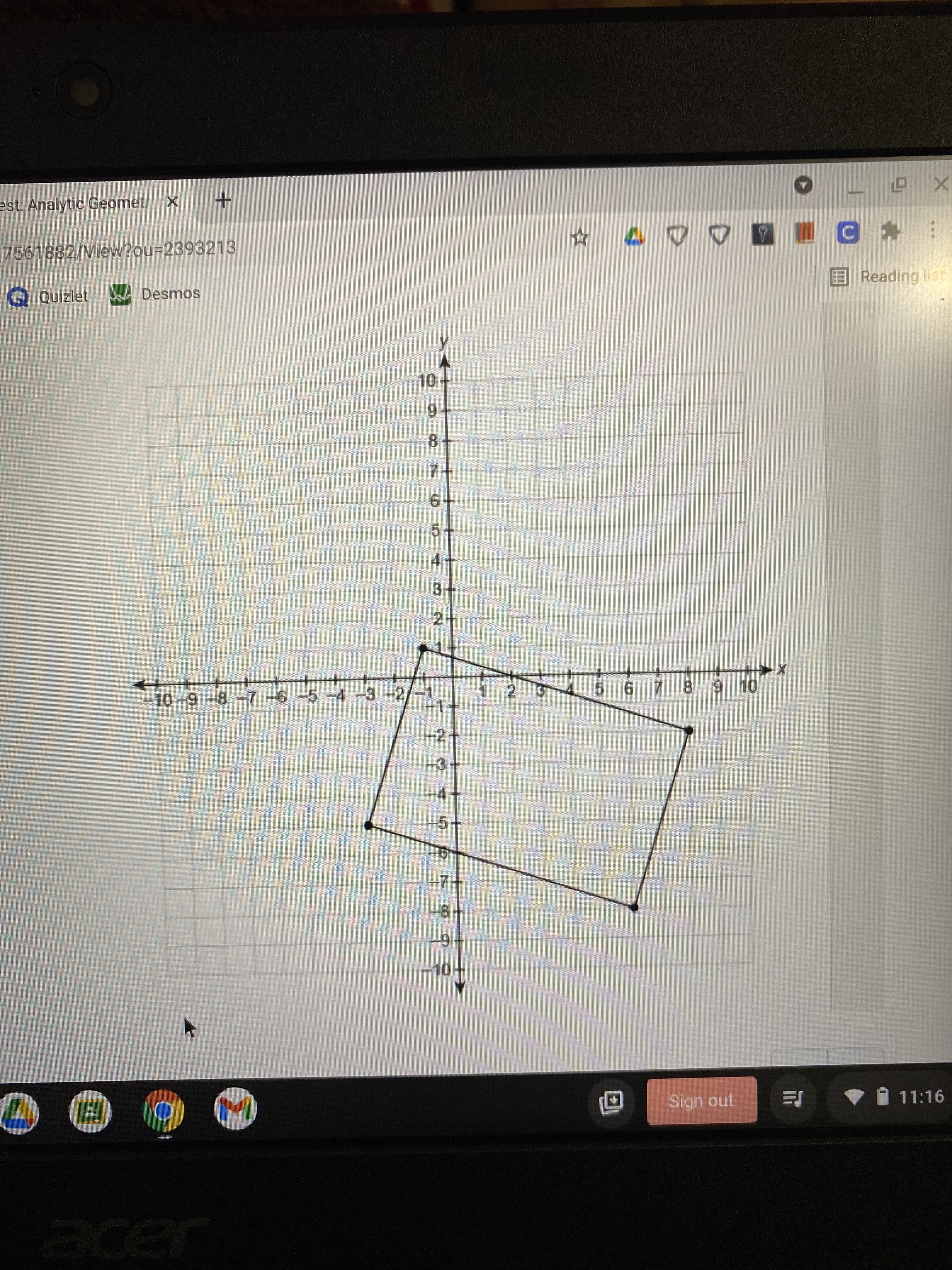 est: Analytic Geometr X
+
7561882/View?ou%3D2393213
X 可
我回
Reading list
Q Quizlet
Desmos
国|
9-
4.
3.
+
-10-9-8-7 -6 -5-4-3-2/-1
1 2345 6 7 8 9 10
-2.
3.
-4
上
6-
Sign out
自 11:16
er
