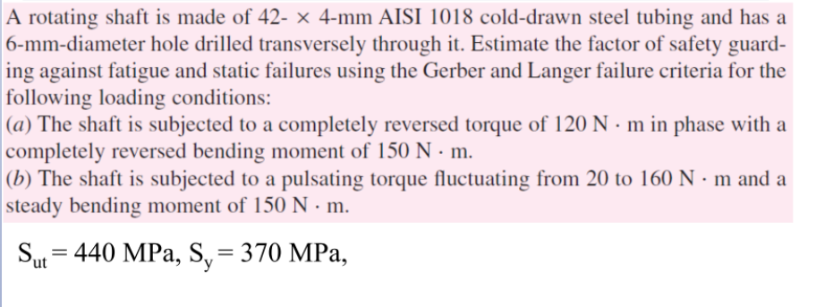 A rotating shaft is made of 42- × 4-mm AISI 1018 cold-drawn steel tubing and has a
|6-mm-diameter hole drilled transversely through it. Estimate the factor of safety guard-
ing against fatigue and static failures using the Gerber and Langer failure criteria for the
following loading conditions:
(a) The shaft is subjected to a completely reversed torque of 120 N - m in phase with a
completely reversed bending moment of 150 N · m.
|(b) The shaft is subjected to a pulsating torque fluctuating from 20 to 160 N · m and a
steady bending moment of 150 N · m.
Sut = 440 MPa, S,= 370 MPa,
