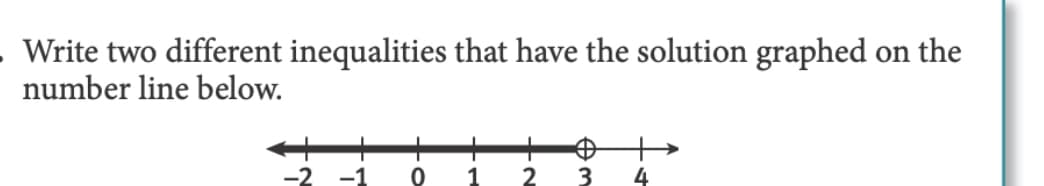 Write two different inequalities that have the solution graphed on the
number line below.
-2
-1
3
4
