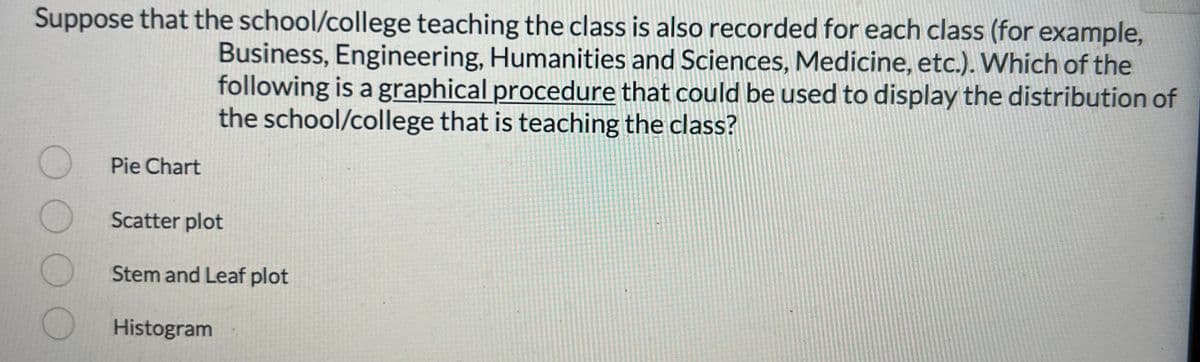 Suppose that the school/college teaching the class is also recorded for each class (for example,
Business, Engineering, Humanities and Sciences, Medicine, etc.). Which of the
following is a graphical procedure that could be used to display the distribution of
the school/college that is teaching the class?
Pie Chart
Scatter plot
Stem and Leaf plot
Histogram