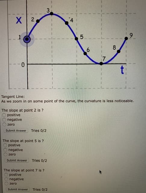 3.
4
1
9.
8
7
Tangent Line:
As we zoom in on some point of the curve, the curvature is less noticeable.
The slope at point 2 is ?
O positive
negative
zero
Submit Answer
Tries 0/2
The slope at point 5 is ?
postive
negative
zero
Submit Answer
Tries 0/2
The slope at point 7 is ?
O postive
negative
zero
Submit Answer
Tries 0/2
2.
