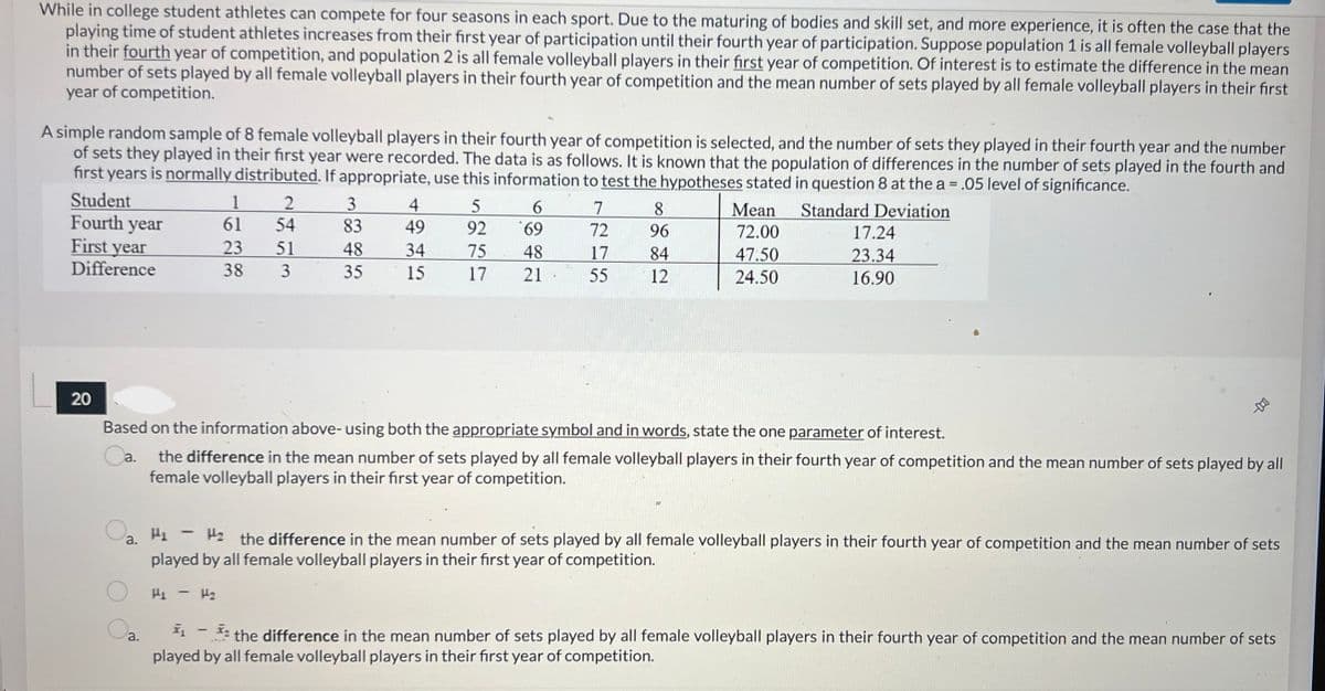 While in college student athletes can compete for four seasons in each sport. Due to the maturing of bodies and skill set, and more experience, it is often the case that the
playing time of student athletes increases from their first year of participation until their fourth year of participation. Suppose population 1 is all female volleyball players
in their fourth year of competition, and population 2 is all female volleyball players in their first year of competition. Of interest is to estimate the difference in the mean
number of sets played by all female volleyball players in their fourth year of competition and the mean number of sets played by all female volleyball players in their first
year of competition.
A simple random sample of 8 female volleyball players in their fourth year of competition is selected, and the number of sets they played in their fourth year and the number
of sets they played in their first year were recorded. The data is as follows. It is known that the population of differences in the number of sets played in the fourth and
first years is normally distributed. If appropriate, use this information to test the hypotheses stated in question 8 at the a = .05 level of significance.
Standard Deviation
Student
Fourth year
First year
Difference
20
O
a.
1
2
61
54
23
51
38 3
Oa.
3
83
48
35
4
49
34
15
5
92
6
69
75
48
17 21
7
72
17
55
8
96
84
12
Based on the information above-using both the appropriate symbol and in words, state the one parameter of interest.
Ca.
the difference in the mean number of sets played by all female volleyball players in their fourth year of competition and the mean number of sets played by all
female volleyball players in their first year of competition.
Mean
72.00
47.50
24.50
17.24
23.34
16.90
H₁ - H₂ the difference in the mean number of sets played by all female volleyball players in their fourth year of competition and the mean number of sets
played by all female volleyball players in their first year of competition.
H₁ - H₂
X₂
X₁
the difference in the mean number of sets played by all female volleyball players in their fourth year of competition and the mean number of sets
played by all female volleyball players in their first year of competition.