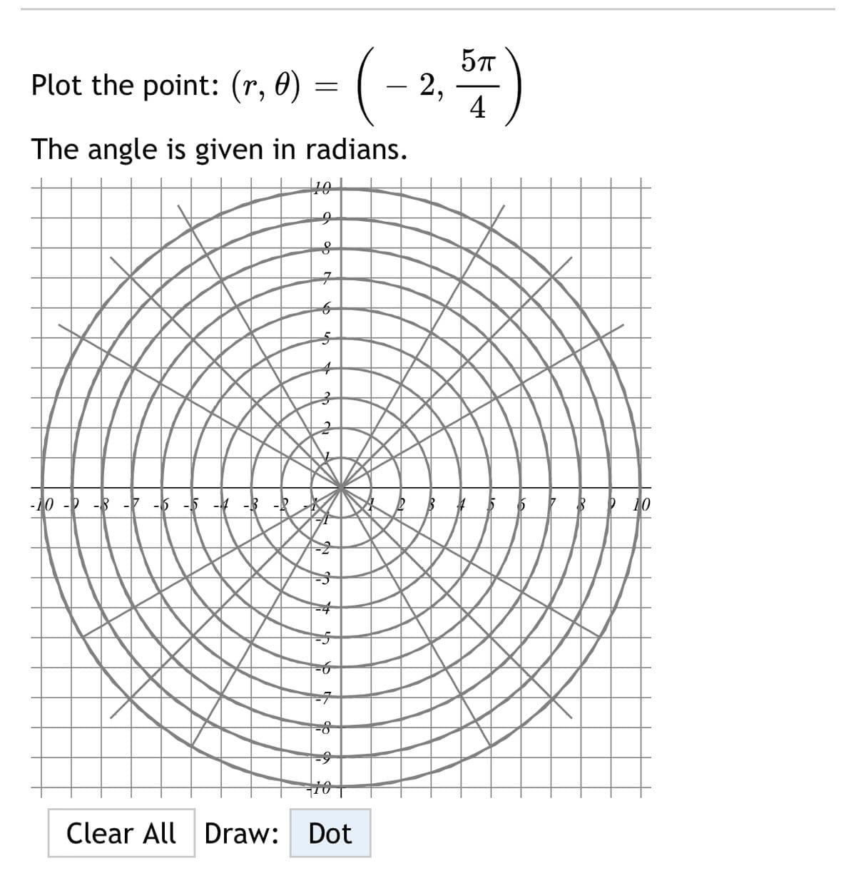 (-2, )
Plot the point: (r, 0)
4
The angle is given in radians.
-8
Clear All Draw: Dot
