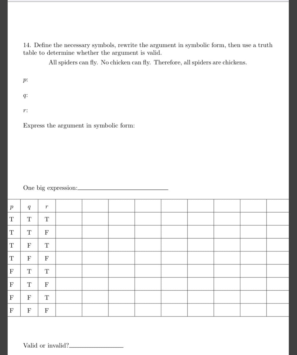 14. Define the necessary symbols, rewrite the argument in symbolic form, then use a truth
table to determine whether the argument is valid.
All spiders can fly. No chicken can fly. Therefore, all spiders are chickens.
p:
q:
r:
Express the argument in symbolic form:
One big expression:.
T
T
T
T
F
T
F
T
T
F
F
F
T
F
T
F
F
F
T
F
F
F
Valid or invalid?.
