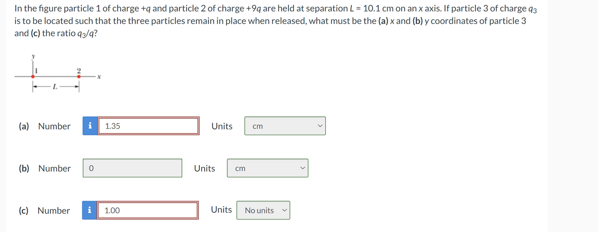 In the figure particle 1 of charge +q and particle 2 of charge +9q are held at separation L = 10.1 cm on an x axis. If particle 3 of charge q3
is to be located such that the three particles remain in place when released, what must be the (a) x and (b) y coordinates of particle 3
and (c) the ratio q3/q?
X
(a) Number i
1.35
Units
cm
(b) Number 0
Units
cm
(c) Number i
1.00
Units
No units