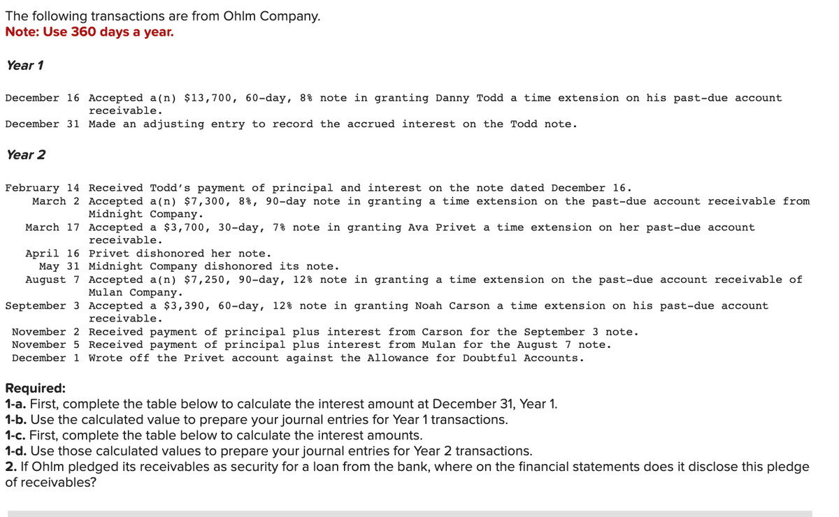 The following transactions are from Ohlm Company.
Note: Use 360 days a year.
Year 1
December 16 Accepted a(n) $13,700, 60-day, 8% note in granting Danny Todd a time extension on his past-due account
receivable.
December 31 Made an adjusting entry to record the accrued interest on the Todd note.
Year 2
February 14 Received Todd's payment of principal and interest on the note dated December 16.
March 2 Accepted a(n) $7,300, 8%, 90-day note in granting a time extension on the past-due account receivable from
Midnight Company.
March 17 Accepted a $3,700, 30-day, 7% note in granting Ava Privet a time extension on her past-due account
receivable.
April 16 Privet dishonored her note.
May 31 Midnight Company dishonored its note.
August 7 Accepted a(n) $7,250, 90-day, 12% note in granting a time extension on the past-due account receivable of
Mulan Company.
September 3 Accepted a $3,390, 60-day, 12% note in granting Noah Carson a time extension on his past-due account
receivable.
November 2 Received payment of principal plus interest from Carson for the September 3 note.
November 5 Received payment of principal plus interest from Mulan for the August 7 note.
December 1 Wrote off the Privet account against the Allowance for Doubtful Accounts.
Required:
1-a. First, complete the table below to calculate the interest amount at December 31, Year 1.
1-b. Use the calculated value to prepare your journal entries for Year 1 transactions.
1-c. First, complete the table below to calculate the interest amounts.
1-d. Use those calculated values to prepare your journal entries for Year 2 transactions.
2. If Ohlm pledged its receivables as security for a loan from the bank, where on the financial statements does it disclose this pledge
of receivables?