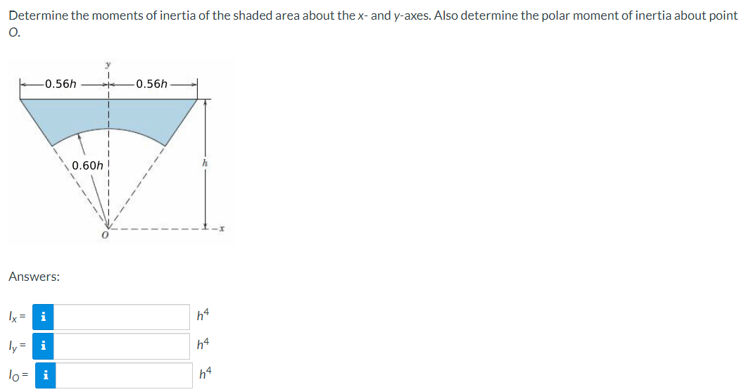 Determine the moments of inertia of the shaded area about the x- and y-axes. Also determine the polar moment of inertia about point
O.
-0.56h
Answers:
1x = i
ly= i
lo= i
0.60h
-0.56h
h
h4
h4
he