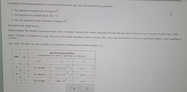 A student made measurements on some electrochemical cells and calculated three quantities:
The standard reaction free energy AG
The equilibrium constant K at 25.0 °C.
The cell potential under standard conditions E
His results are listed below.
Unfortunately, the student may have made some mistakes. Examine his results carefully and tick the box next to the incorrect quantity in each row, if any.
Note: If there is a mistake in a row, only one of the three quantities listed is wrong. Also, you may assume the number of significarit digits in each quantity is
correct.
Also note: for each cell, the number n of electrons transferred per redox reaction is 1.
calculated quantities
(Check the box next to any that are wrong.)
cell 11
AG
K
21
A
-127 kJ/mol
о
5.6310 O
132 V
Q
-20
B
1
134 kJ/mol D
107 x 10
O
1.18 V
Ο
22
C
1
129. kJ/mol O
3.98 10
O
134 V ©
X
G