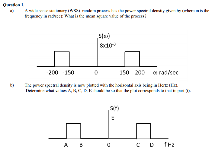 Question 1.
а)
A wide sense stationary (WSS) random process has the power spectral density given by (where o is the
frequency in rad/sec): What is the mean square value of the process?
S(0)
8x10-3
-200 -150
150 200
o rad/sec
b)
The power spectral density is now plotted with the horizontal axis being in Hertz (Hz).
Determine what values A, B, C, D, E should be so that the plot corresponds to that in part (i).
S(f)
E
A B
C D
f Hz
