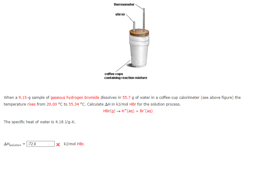 The specific heat of water is 4.18 J/g-K.
AHsolution
When a 9.15-g sample of gaseous hydrogen bromide dissolves in 55.7 g of water in a coffee-cup calorimeter (see above figure) the
temperature rises from 20.00 °C to 55.34 °C. Calculate AH in kJ/mol HBr for the solution process.
HBr(g) → H+ (aq) + Br (aq)
= -72.8
thermometer
x kJ/mol HBr.
stirrer
coffee cups
containing reaction mixture