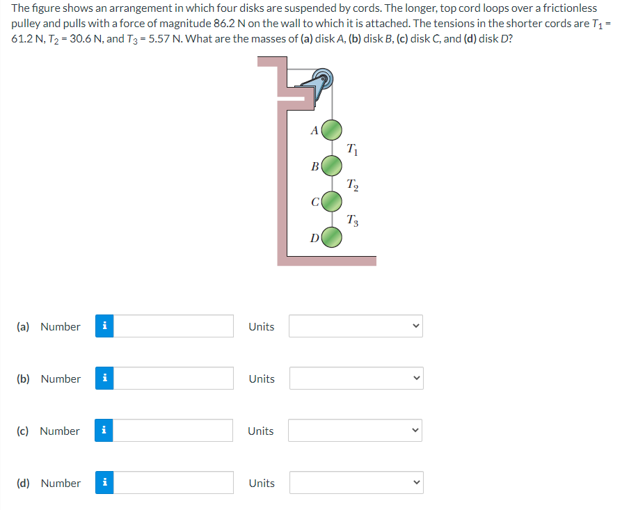 The figure shows an arrangement in which four disks are suspended by cords. The longer, top cord loops over a frictionless
pulley and pulls with a force of magnitude 86.2 N on the wall to which it is attached. The tensions in the shorter cords are T₁ =
61.2 N, T₂ = 30.6 N, and T3 = 5.57 N. What are the masses of (a) disk A, (b) disk B, (c) disk C, and (d) disk D?
(a) Number i
(b) Number
(c) Number i
(d) Number
Units
Units
Units
Units
A
B
C
D
T₁
T₂
T3
<
<