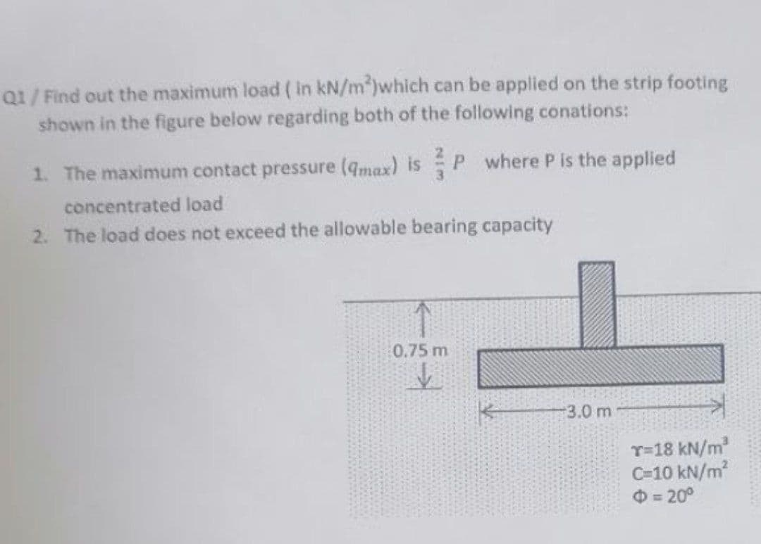 Q1/ Find out the maximum load ( in kN/m)which can be applied on the strip footing
shown in the figure below regarding both of the following conations:
1. The maximum contact pressure (qmax) isP where P is the applied
concentrated load
2. The load does not exceed the allowable bearing capacity
0.75 m
-3.0m
T=18 kN/m
C=10 kN/m?
=20°
