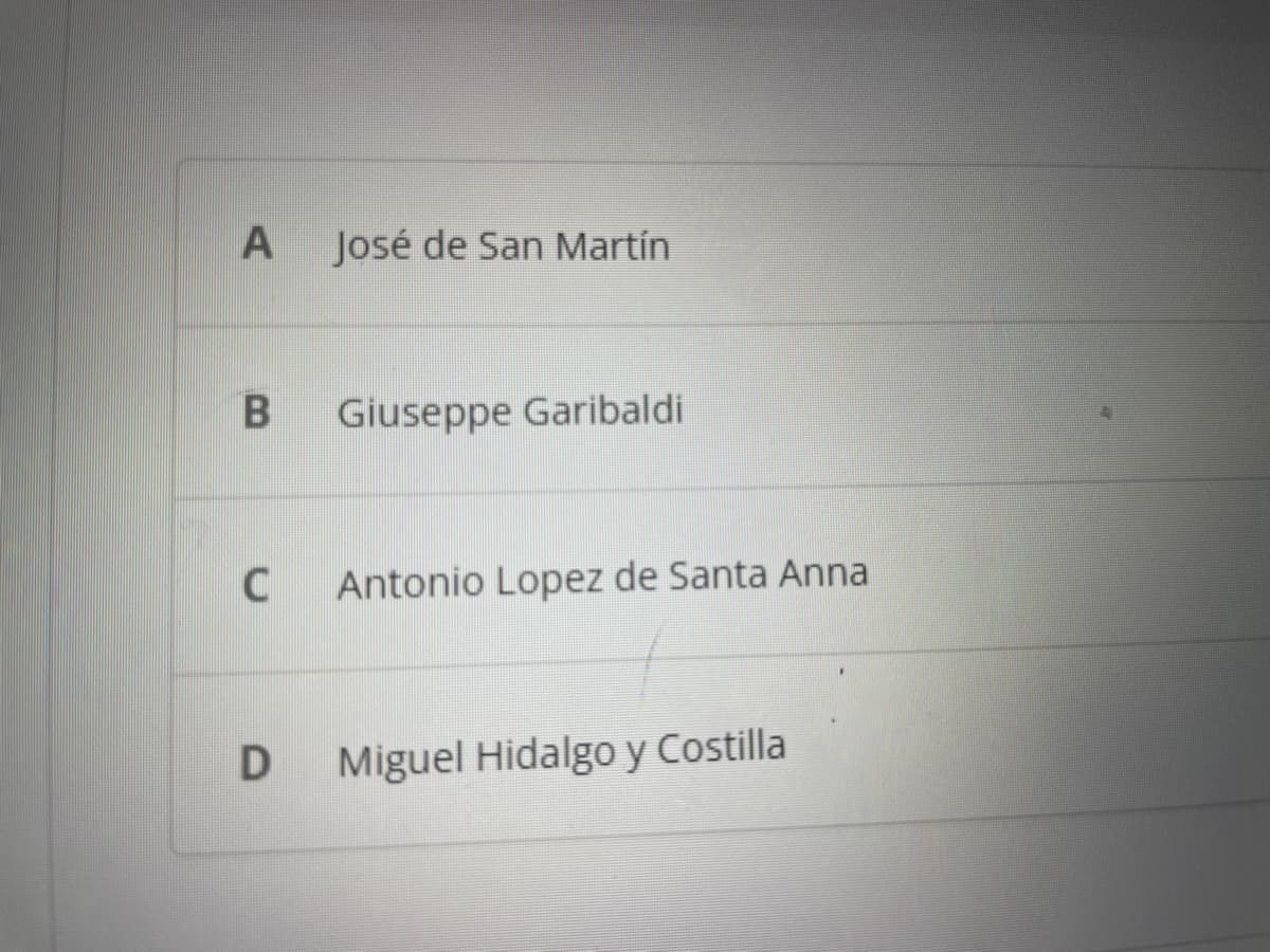 A
B
C
D
José de San Martín
Giuseppe Garibaldi
Antonio Lopez de Santa Anna
Miguel Hidalgo y Costilla