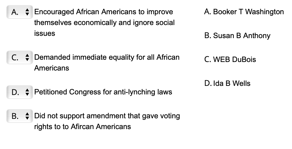 A. Encouraged African Americans to improve
themselves economically and ignore social
issues
C. Demanded immediate equality for all African
Americans
D.
Petitioned Congress for anti-lynching laws
B. Did not support amendment that gave voting
rights to to Afircan Americans
A. Booker T Washington
B. Susan B Anthony
C. WEB DuBois
D. Ida B Wells