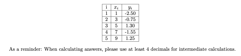 i Xi
CT CONTI
1
2
-0.75
1.30
-1.55
1.25
As a reminder: When calculating answers, please use at least 4 decimals for intermediate calculations.
13579
3 5
4 7
5
Yi
-2.50
9